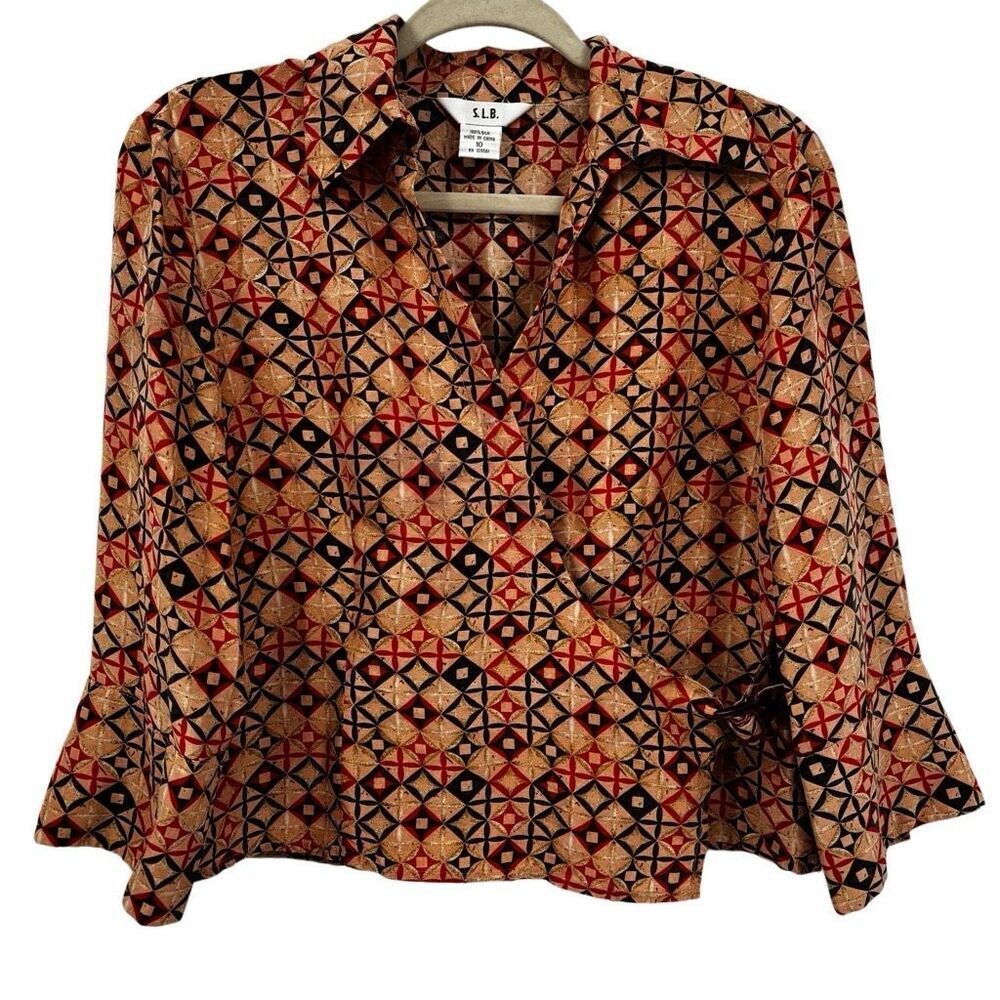S.L.B. 100% Silk Wrap Blouse‎ Brown/Tan/Orange Size 10